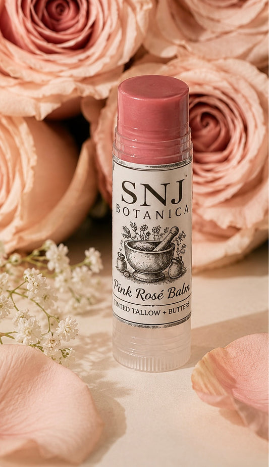 SNJ Pink Rosé Tinted Lip Balm – Tallow, Plant Butters + Natural Tint