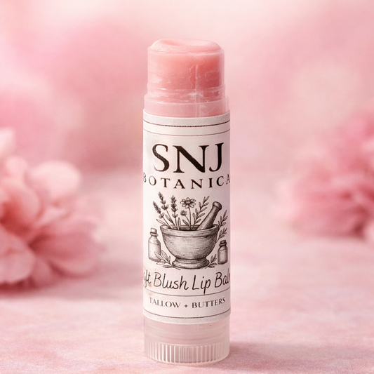 Lip balm with 'SNJ Botanica' branding on a pink floral background