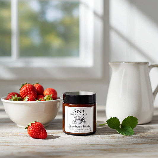 Jar of SNJ Botanica Strawberry Fields body butter on a wooden surface with strawberries and a pitcher in the background.
