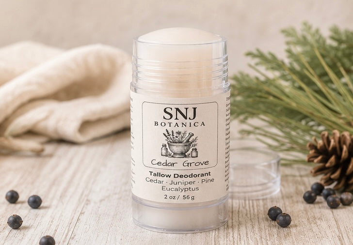 SNJ Botanica tallow deodorant stick on a wooden surface with natural elements.