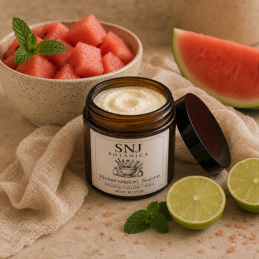 Jar of SNJ Botanica watermelon sucre whipped body butter with watermelon and lime on a neutral background