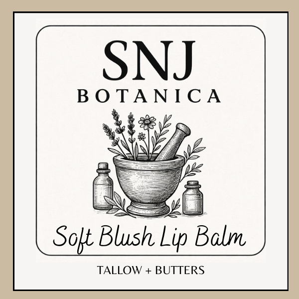SNJ Botanica soft blush lip balm packaging with mortar and pestle illustration on a beige background