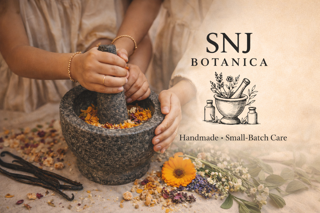 Herbs and flowers set around a mortar and pestle. Two sets of girl hands using a mortar and pestle