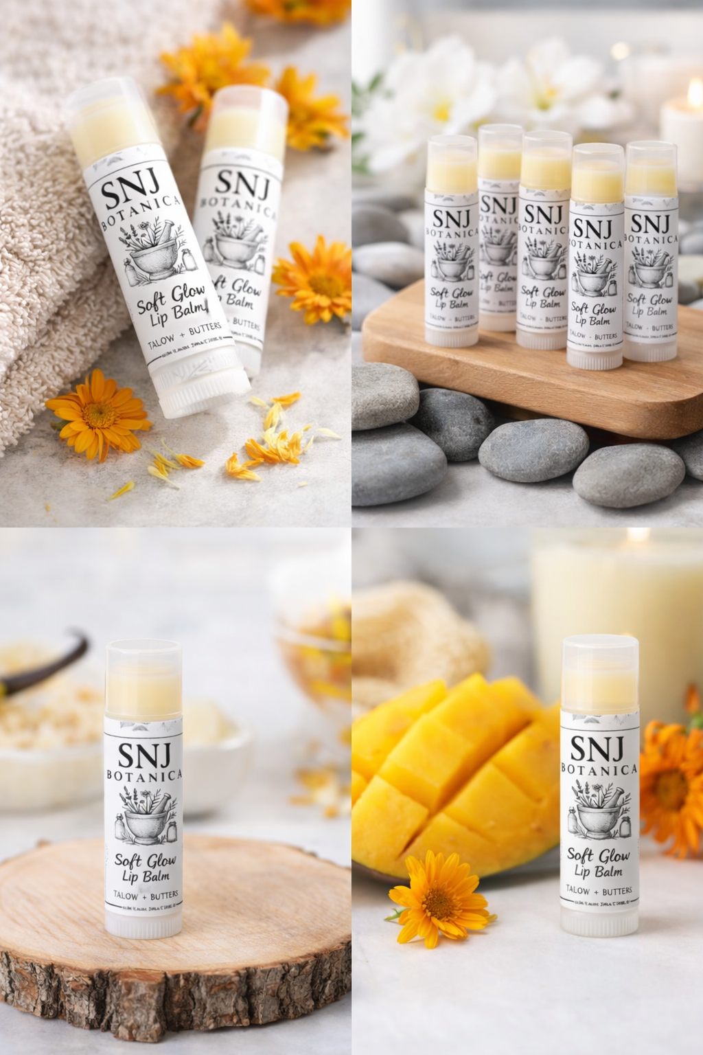 SNJ Botanica lip balm with mango and flower decorations on a wooden surface.