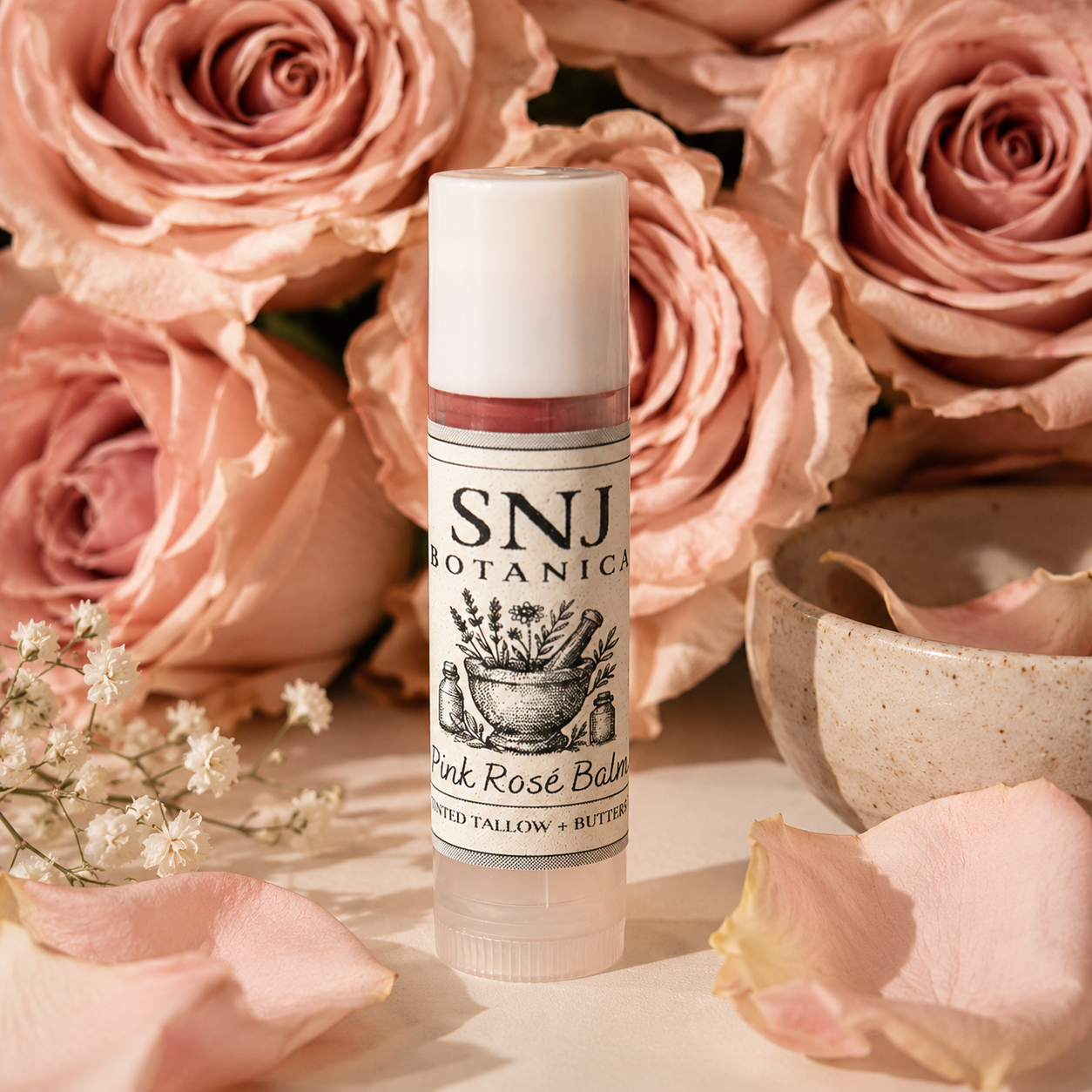 SNJ Pink Rosé Tinted Lip Balm – Tallow, Plant Butters + Natural Tint