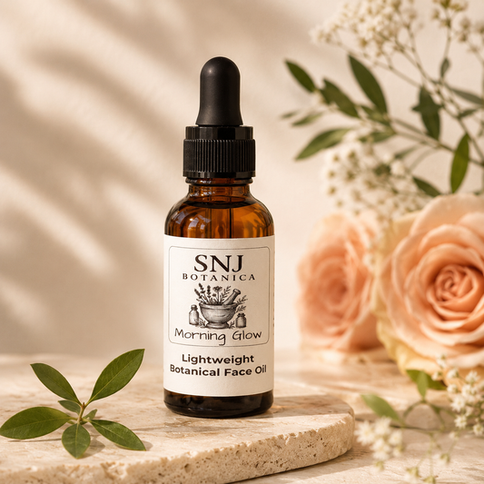 A bottle of SNI Botanica Morning Glow Lightweight Botanical Face Oil stands on a stone slab with peach roses and green leaves in a softly lit setting.