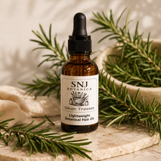 An amber glass dropper bottle of SNJ Botanica Silken Tresses Lightweight Botanical Hair Oil, styled on a stone slab with rosemary sprigs and a beige cloth.