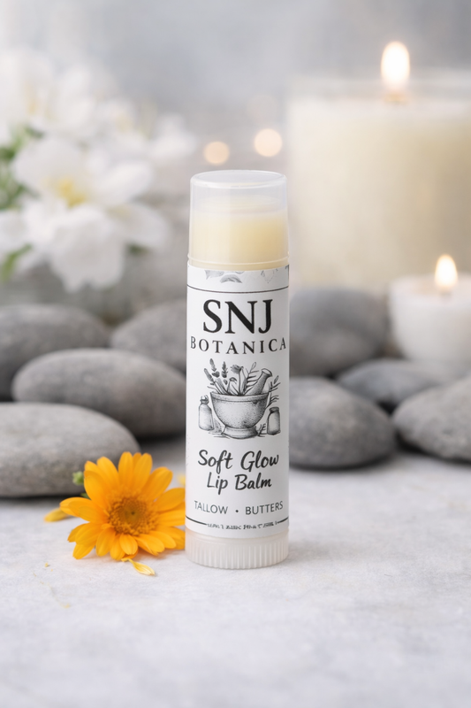 Lip balm with 'SNJ Botanica' branding on a stone surface with flowers and candles in the background