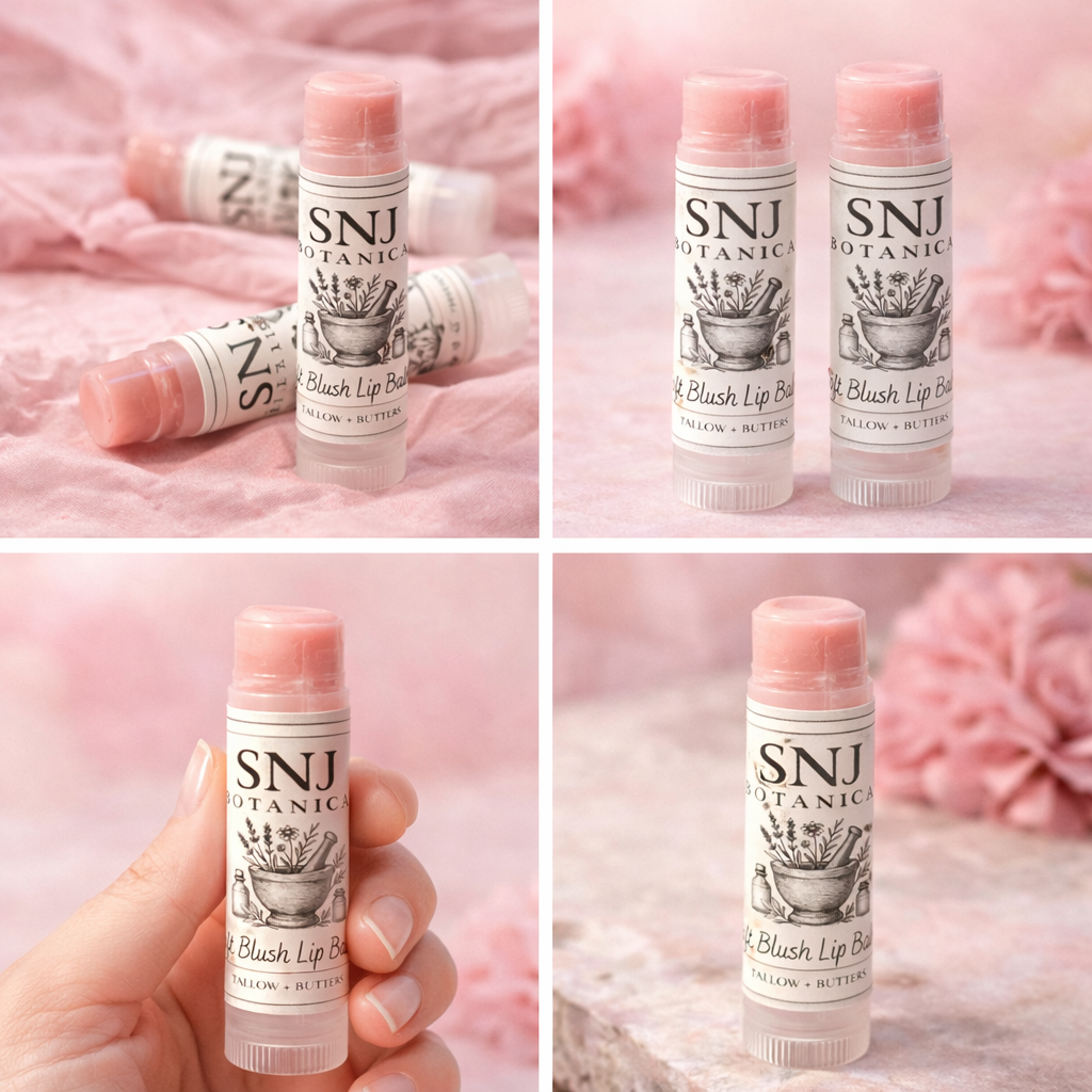 Collage of SNJ Botanical blush lip balm on a pink background