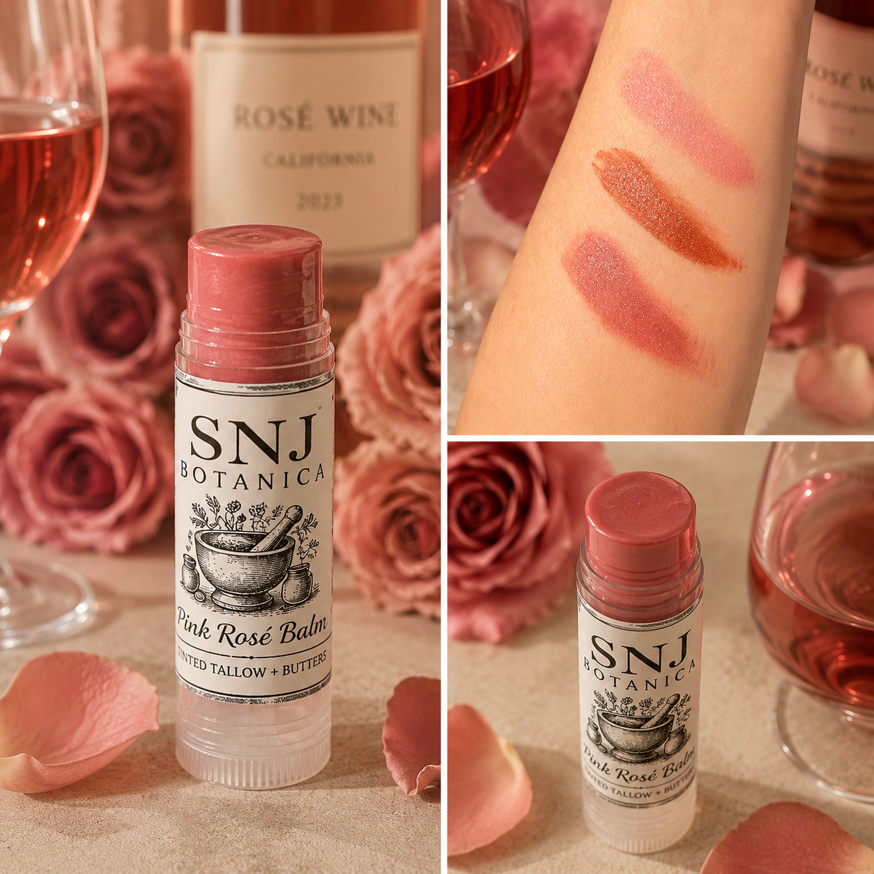 SNJ Pink Rosé Tinted Lip Balm – Tallow, Plant Butters + Natural Tint