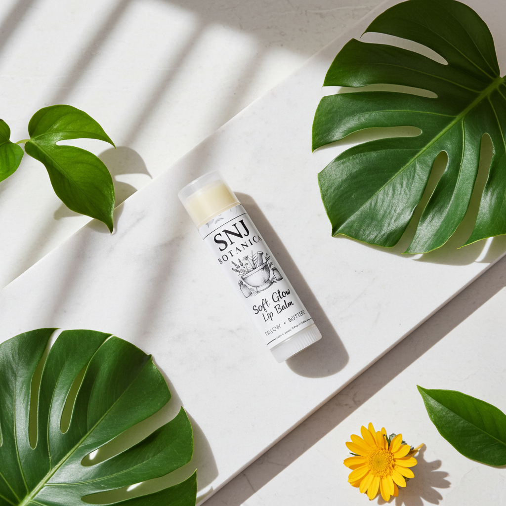 Lip balm with 'SNJ' branding on a light surface with green leaves and a yellow flower.