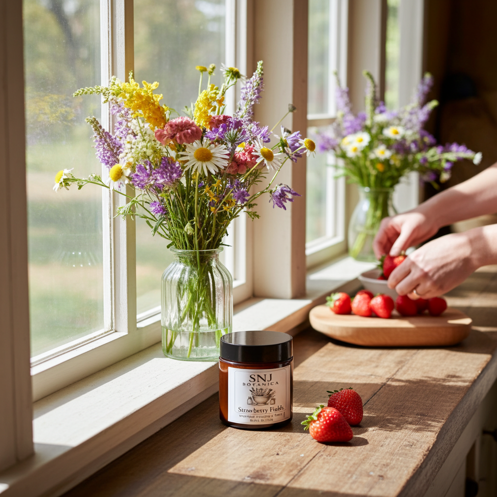 Person arranging strawberries on a wooden table with flowers and a jar of strawberry-flavored jam.
