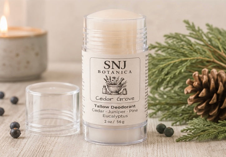 SNJ Botanica Cedar Grove deodorant stick with natural elements on a wooden surface
