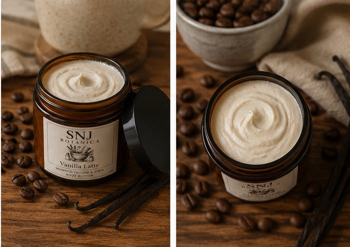 Jar of cream labeled 'SNJ' with vanilla beans and coffee beans on a wooden surface