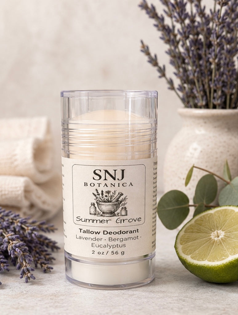 Tallow deodorant stick with SNJ Botanica label on a neutral background with lavender and lime.