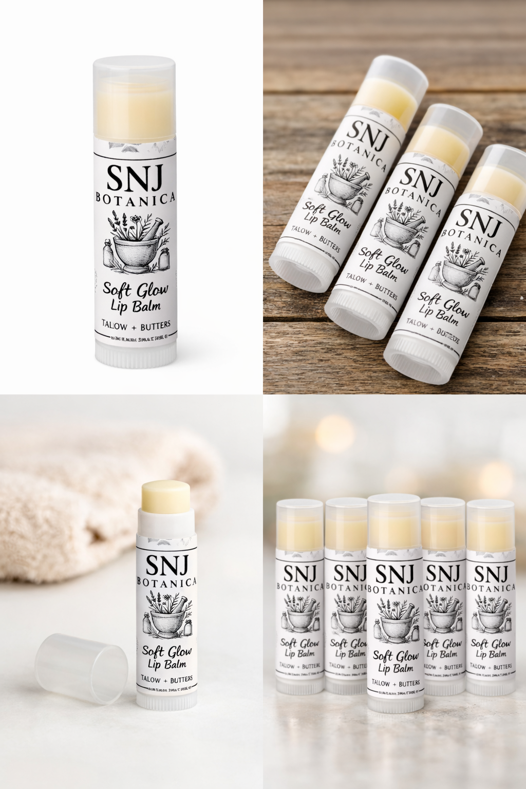 SNJ Botanics soft glow lip balm displayed on a wooden surface and other surfaces.