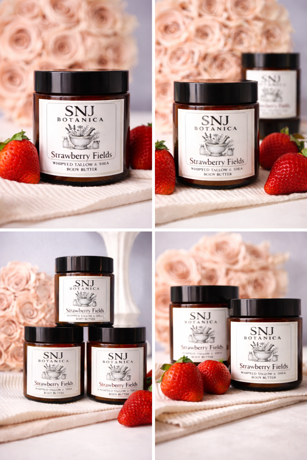 SNJ Botanica Strawberry Fields product with strawberries on a white background