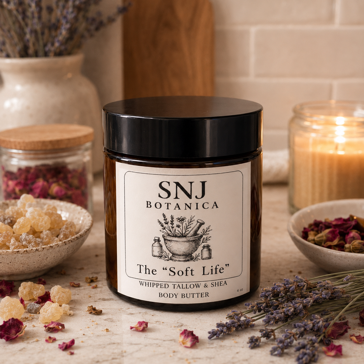 SNJ Botanica 'The Soft Life' body butter jar on a table with dried lavender and other botanicals.