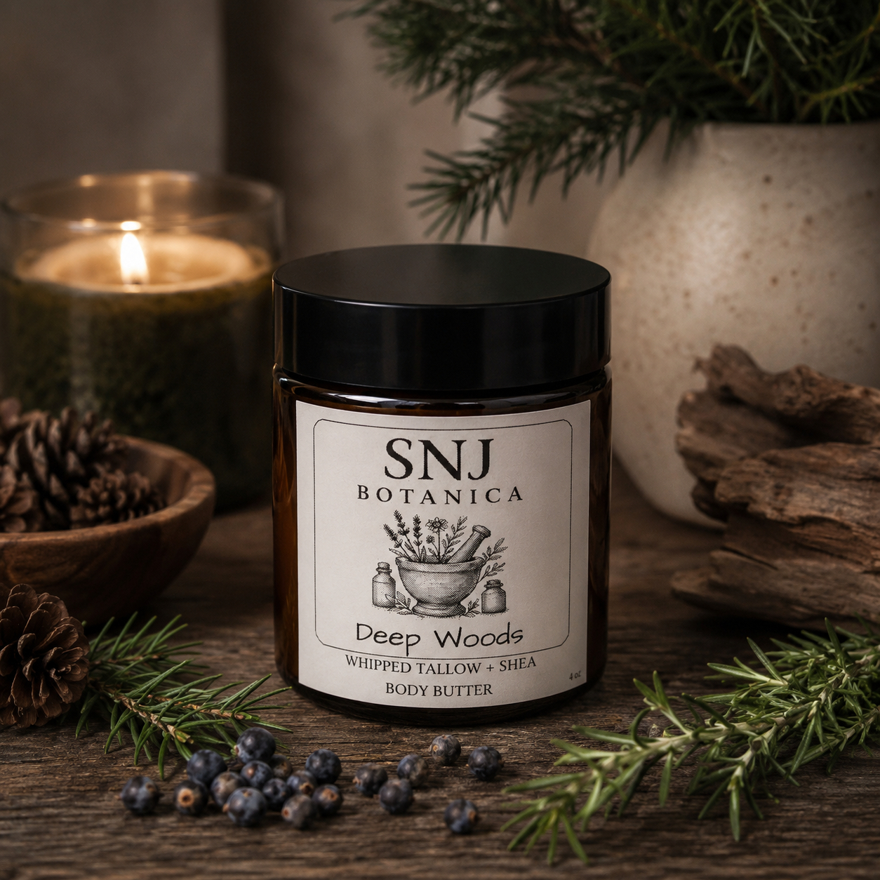 SNJ Botanica Deep Woods body butter jar with candles and natural elements on a wooden surface