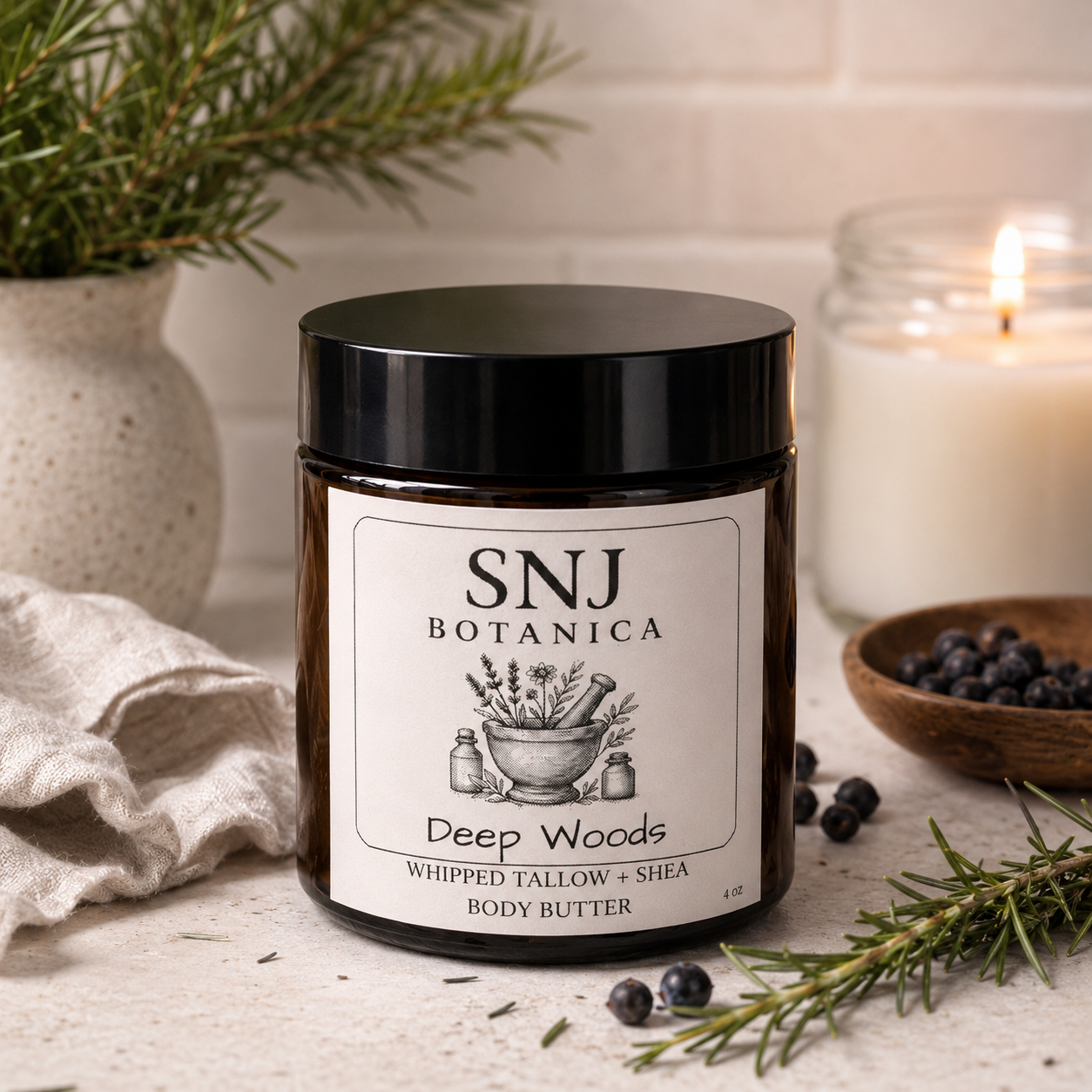 Jar of SNJ Botanica Deep Woods body butter with a candle and greenery in the background.