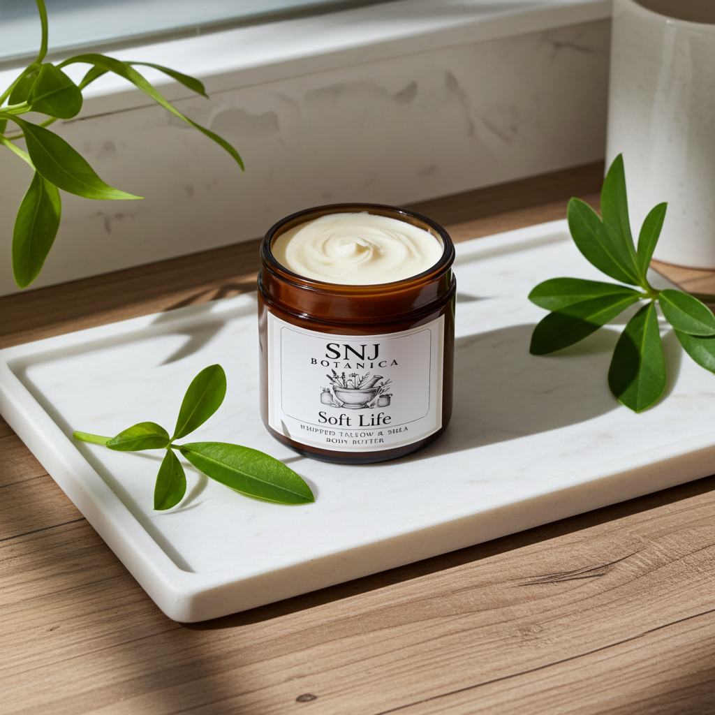 Jar of cream labeled 'SNJ Botanica Soft Life' on a white tray with green leaves.