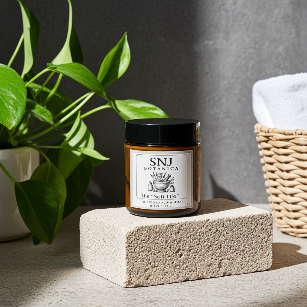 Candle labeled 'SNJ Botanica' on a stone surface with a plant and basket in the background